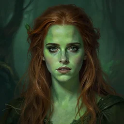mindblowing portrait of emma watson as a swamp witch, green colored skin, deep focus, d & d, fantasy, intricate, elegant, highly detailed, digital painting, artstation, concept art, matte, sharp, illustration, hearthstone, art by artgerm and greg rutkowski and alphonse mucha