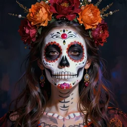 illustration of a sugar skull day of the dead girl, art by barry winsor smith