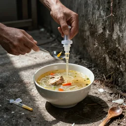 heroin addict shooting up chicken noodle soup in a dirty ally way