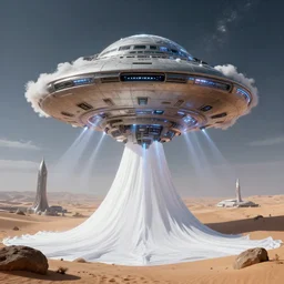 photo realistic, hyper realistic, ufo city desert alien, white cloth desert, electronic ufo battle, evil sphere cyborg ufo alien spaceship, with white milky clouds hanging from it, fantasy art, octane render, caustics, zaha hadid, war lasers, alien landscape, cinematic composition, octane render,, 8 k, artstation trending, fibonacci composition