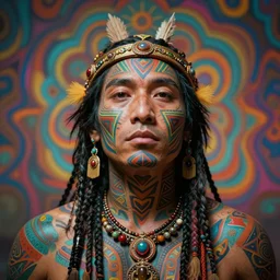 hyperrealistic hyper detailed neo-surreal close-up 35mm portrait of levitating psychedelic shaman covered in geometric tattoos rococo matte painting concept art high saturation very dramatic lighting low angle hd 8k sharp shallow depth of field