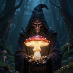 evil mushroom wizard holding a glowing fungus moody, fantasy, dark, rim lighting