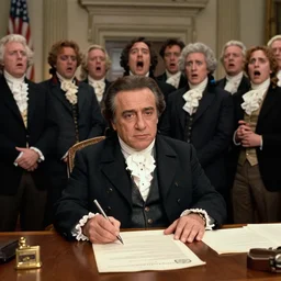 film still of Danny Devito interrupting the signing of the declaration of independence and everyone is upset