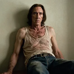 nic cage but he is emaciated and starving to death, movie still, hd digital photography