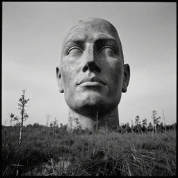 movie still by tarkovsky of a gigantic statue face in the sky over a swamp landscape, cinestill 8 0 0 t 3 5 mm b & w, heavy grain, high quality, noir, natural textures, photorealistic, ambient occlusion, hd, ultra wide lens, anamorphic