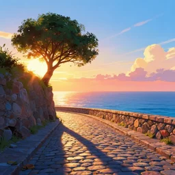 a lonely cobblestone street with a tree on a cliff over the sea at sunset, brightly illuminated by rays of sun, artstation, colorful sylvain sarrailh illustration, by peter chan, day of the tentacle style, twisted shapes