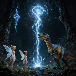 extraterrestrial sprites, fairies, and dinosaurs. pulp science fiction. dark background