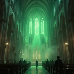 cinematic shot from inside a cathedral, green ambient light, light fog, dark figures, digital art