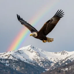 eagle flying above snow mountains, rainbow