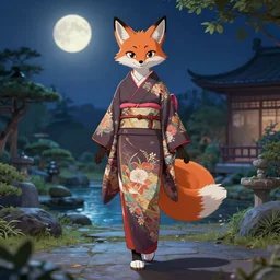 full body portrait of a female anthropomorphic melanated fox fursona wearing an ornate kimono in a zen garden at night. moonlight. detailed character design by disney, charlie bowater, ross tran, artgerm, and makoto shinkai, detailed, soft lighting, rendered in octane