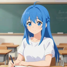 girl with blue hair, jaguar waifu, school class, printscreen from anime