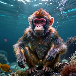 cyberpunk excited young monkey underwater, sparkly, colorful, cyberpunk digital painting