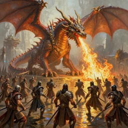 ultra realist soft painting of a thousand warriors facing a single  gigantic dragon breathing fire, very intricate details, golden ratio, volumetric rainbow lighting, reflections, refractions, symmetry accurate anatomy features, fantasy war scene background, unreal render, Boris Vallejo artstyle