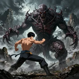 digital art of Kenshiro fighting a horrific monster, horror art, beksinski, detailed textures and lighting, storm in the background, mountains, action pose, high detail character models, detailed mountains, epic fight, movie quality battle, full view, anime