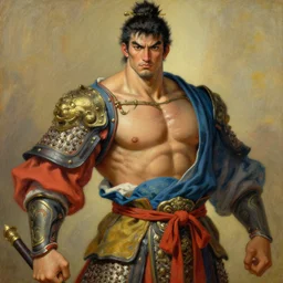 attractive muscular male with armor and clothes, tang dynasty, character design, colorful paint, sweat, painting by gaston bussiere, craig mullins, j. c. leyendecker
