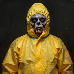 Portrait of an zombie in a yellow dirty hazmat suit, Matte painting , detailed painting, made by Greg Rutkowski, 4k resolution, atmospheric, extremely high detail