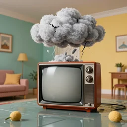 old television with storm clouds leaking out of cracks, flooded colorful 1 9 7 0 s apartment interior