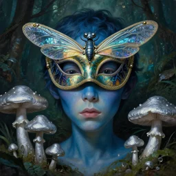 a close - up neoclassicist portrait of a big - eyed alien boy with blue skin wearing an iridescent venetian carnival dragonfly mask surrounded by silver mushrooms in a jungle. reflective textures. glowing fog in the background. highly detailed fantasy science fiction painting by norman rockwell, frank frazetta, and syd mead. rich colors, high contrast, gloomy atmosphere, dark background. artstation