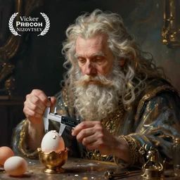 Pensive Wizard examines eggs with calipers, fantasy art by Victor Nizovtsev