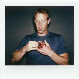 mark zuckerberg pealing off his skin with him own hands to reveal the horrid thing underneath, polaroid photo