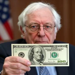closeup potrait of bernie sanders giving you a crisp hundred dollar bill in a washington street, screen light, sharp, detailed face, magazine, press, photo, Steve McCurry, David Lazar, Canon, Nikon, focus