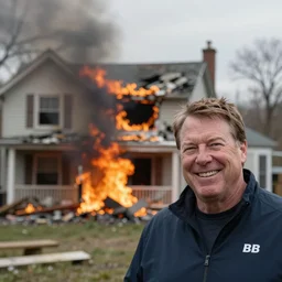 a photo of a house burning down in the background and coach belichick with an eerie smile in the foreground, strong depth of field