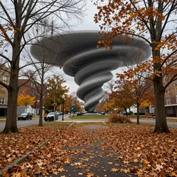 tornado of fall oak leaves ( ( ( ( ( recently deserted city. ) ) ) ) )