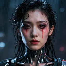 facial portrait of a asian android with dark smeared makeup, wet curly hair, red tears, raindrops on the skin, a dark cyberpunk background, lens flare, rain, deep focus, d & d, intricate, elegant, highly detailed, photo, artstation, blade runner, 8 k, sharp focus, octane, unreal engine 5, global illumination, radiant light