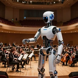 photorealistic robot orchestra, in a large concert hall, cinematic, 8 k render, octane