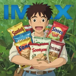 Anthropomorphic man holding too many snack food bags, cel animation by studio ghibli , post-processing , IMAX , vibrant colors , award-winning masterpiece 20 years in the making