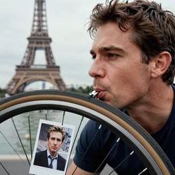 closeup portrait of a cyclist sucking on a wheel in paris, by Steve McCurry and David Lazar, natural light, detailed face, CANON Eos C300, ƒ1.8, 35mm, 8K, medium-format print