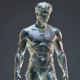 a statue of a young fit man made of highly transparent cristalline glass, by philippe starck and victoria hagan, cinematic lighting, soft internal light, covered in water drops, iridescent reflections, detailed digital photography by rutkovski and beksinski, masterpiece, gorgeous, 4 k, octane render