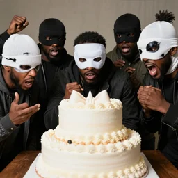 several angry black guys surrounding a big cake. wearing ski masks