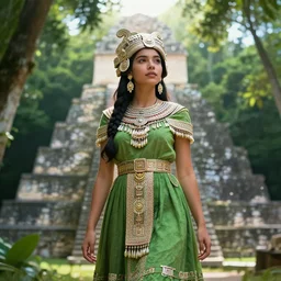 photorealistic illustration of a guatemalan mayan princess in tikal, green color scheme, beautiful, dreamatic backlighting