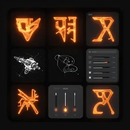 black user interface with glowing orange alien glyphs, white diagrams showing spacecraft diagram, gray software user interface hierarchical diagram of sliders, artstation, cgsociety, concept art, visual effects for movie