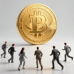 people running away scared from a giant with bitcoin head, cinematic, sci-fi art, hyper-realistic, 8k