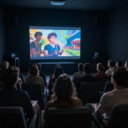 people sitting in a dark room watching television