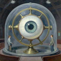 giant mechanical eye inside a gyroscope in a dome - shaped control center, grant wood, pj crook, edward hopper, oil on canvas
