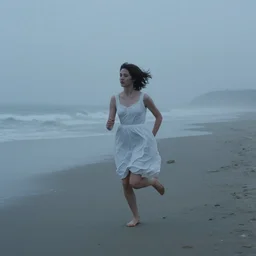 a girl in a white dress running along the beach, filmed by terrence malick, cool color pallet, mist