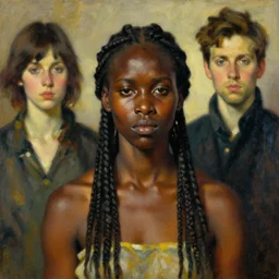 a stunning masterful portrait of a confident african tribe woman with braided hair and a sad eyes by andrew wyeth, john singer sargent, and norman rockwell, natural light, oil painting, ethereal, wong kar wai, strong brushwork