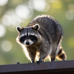 raccoon on roof, morning light, backlit,