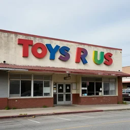 an old abandoned toys r us store repurposed to be used as a high school. the toys r us signage is still faintly visible. professional photography