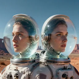 symmetric digital portrait, a astronauts portrait with transparent glass fish tank heads of the circular space, monument valley, sharp focus, realistic scifi masterpiece, cinematic natural light, highly intricate details, 8 k, hdr, octane render
