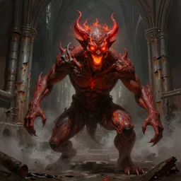 character portrait of a humanoid demonic monster with glowing fire eyes and a glowing mouth doing a henshin pose, matte painting, dramatic lighting, very well detailed, ultra realistic, digital painting, concept art, muted colors, red colors, mist floats in the air, moody colors, rusted walls, broken pipes, church cathedral, in the style of frank frazetta and john singer sargent