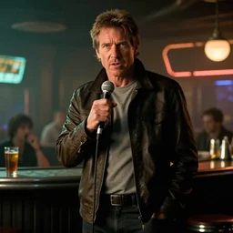 harrison ford as deckard from bladerunner doing standup comedy in a cyberpunk bar