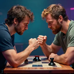Man pitted against his mortal enemy in a thumb war for the fate of reality. Digital art. Masterpiece. Trending on Artstation and CGsociety. World's greatest artistry. HDR. 4k. Amazing incredible awesome awe-struck fantastic intriguing. Creative use of colors. Fantastic lighting.
