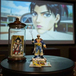 cinestill 5 0 d, 8 k ; esoteric ultra realistic kagemusha meets the expanse ( 2 0 2 0 ) film still turn table scene in frontiers in porcelain film still projection june closeup 3 / 4 portrait edition, hyperrealistic real - life smoking cyborg dj pilot tarot card porcelain occult figurine in seinen manga victorian glass jar, sixth sense, eye contact, tilt shift wide shot zaha hadid background