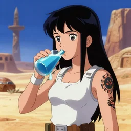 a girl drinking blue milk on tatooine, star wars anime art