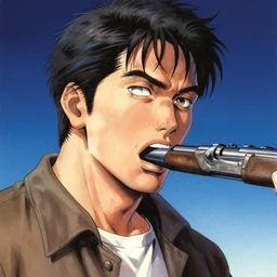 glossy old advertising poster of a man with a shotgun barrel, in his mouth, night, drawn comic by junji ito, pastels, gradient,