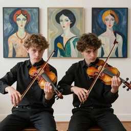 two young violin players getting ready to perform and looking into the camera, francis bacon and pat steir and hilma af klint and james jean, psychological, photorealistic, intriguing details, rendered in octane, altermodern
